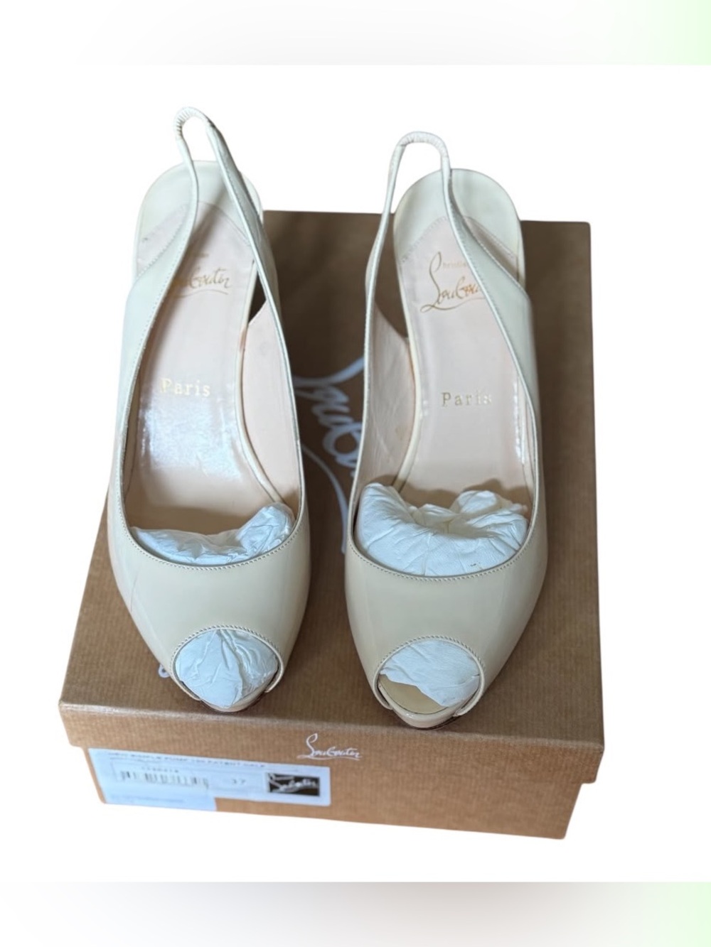Christian Louboutin Ivory Patent Peep-Toe Slingback Heels with Red Sole
